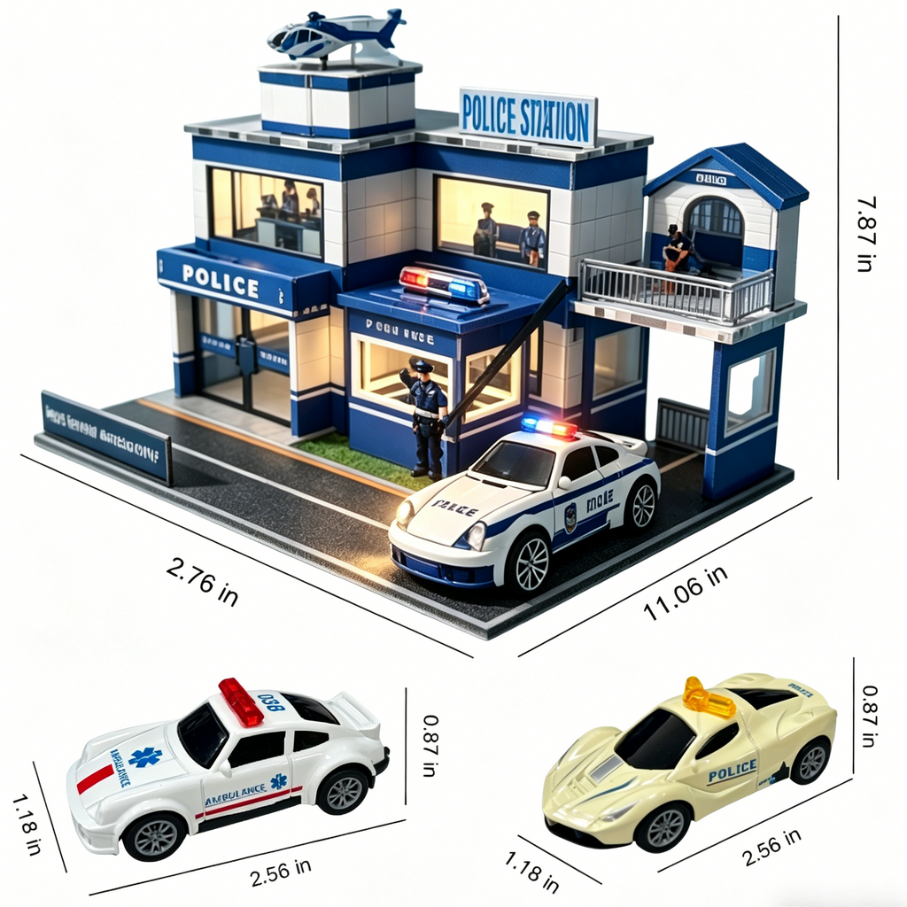 Police Station Building Kit with Police Car, Helicopter & Officer Figures, DIY Mini Playset for Kids & Collectors