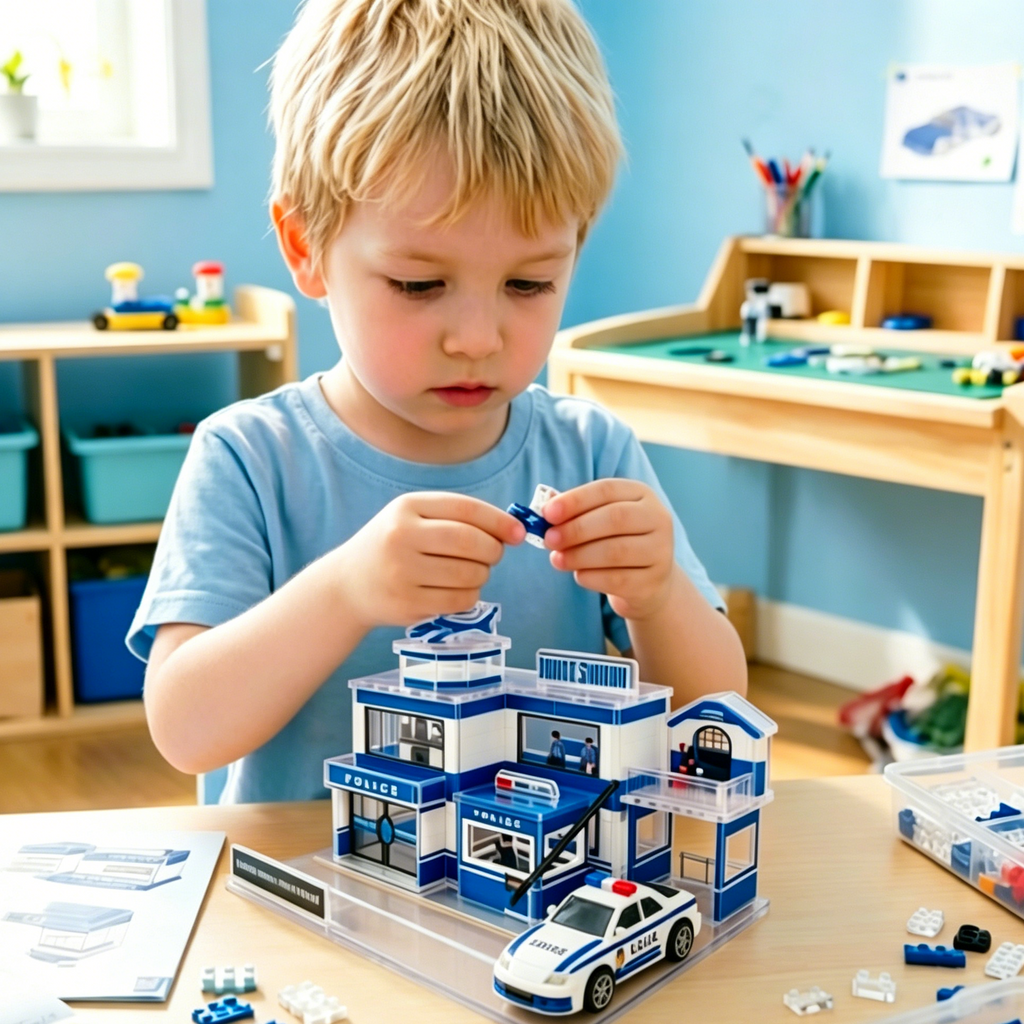 Police Station Building Kit with Police Car, Helicopter & Officer Figures, DIY Mini Playset for Kids & Collectors
