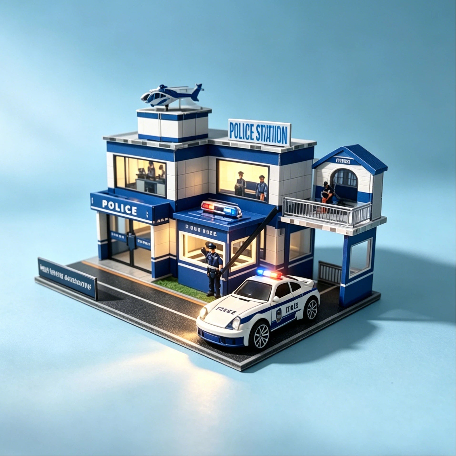 Police Station Building Kit with Police Car, Helicopter & Officer Figures, DIY Mini Playset for Kids & Collectors